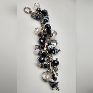 BOHO black crystal and art glass charm bracelet with keys, hearts & more.